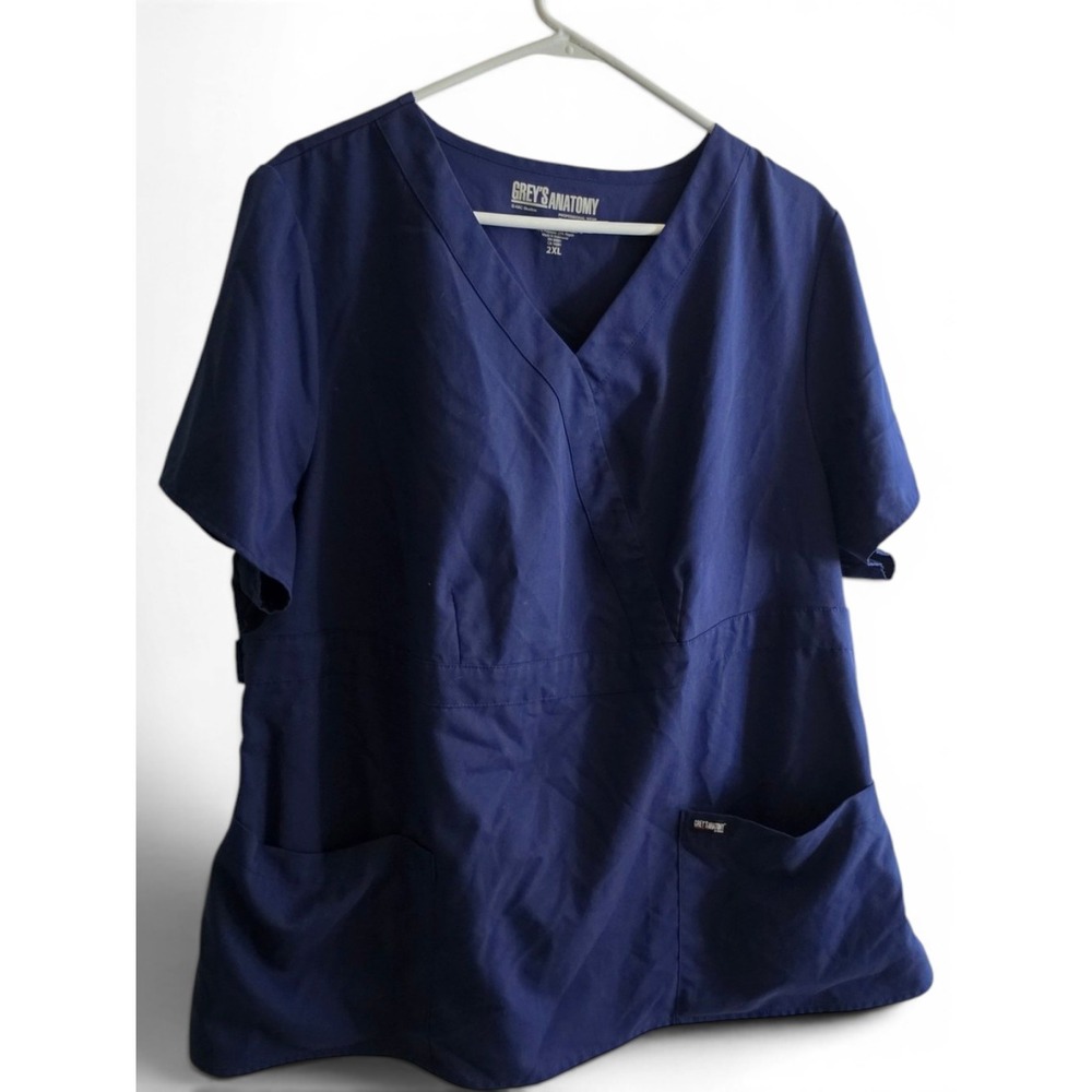 Greys Anatomy Barco Riley 3 Pocket Mock Wrap Scrub Top Womens 2XL Indigo Blue